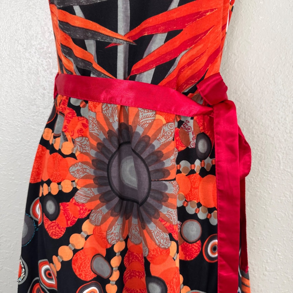 Desigual Geometric Studded A-Line Dress Orange Red Black Sleeveless tie M - Picture 4 of 9